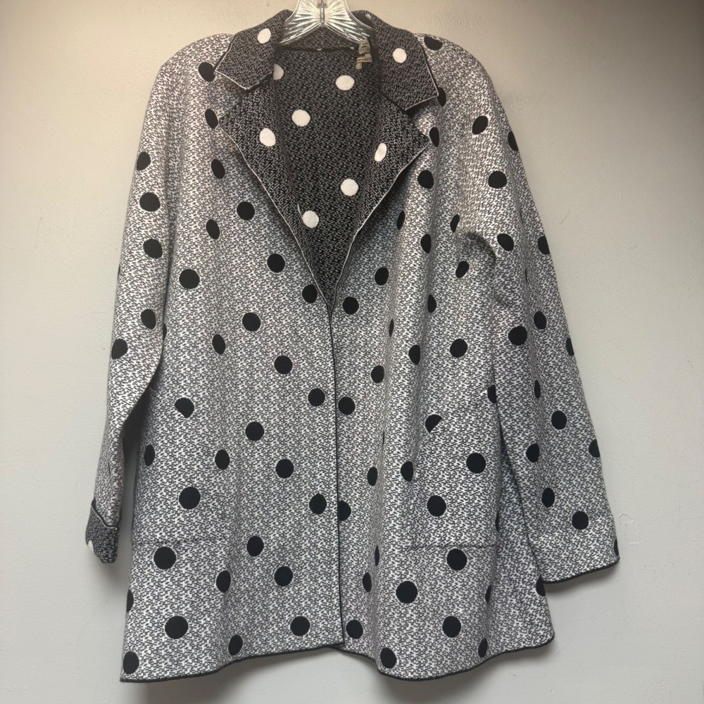The Fashion Gallery Cardigan Women XL Black White Polka Dot Knit Open Front Coat